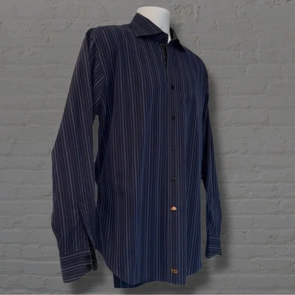 Thomas Dean Men’s Button-Down Shirt L • Navy Multi Stripe • Contrast Cuffs - Picture 7 of 13